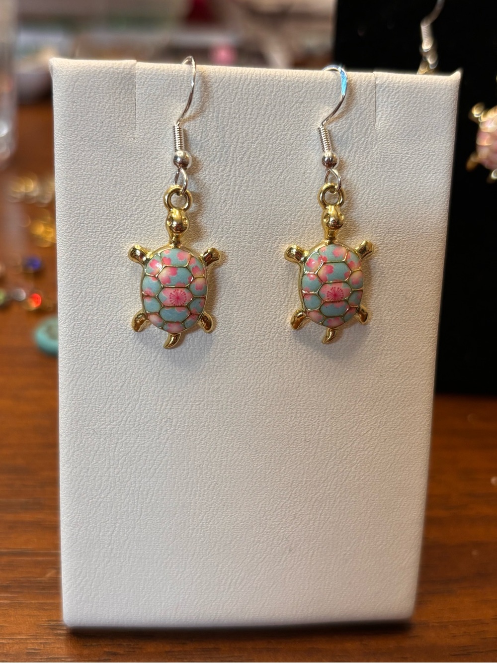 New pretty Turtle Drop Earrings with Pink and blue Enamel floral